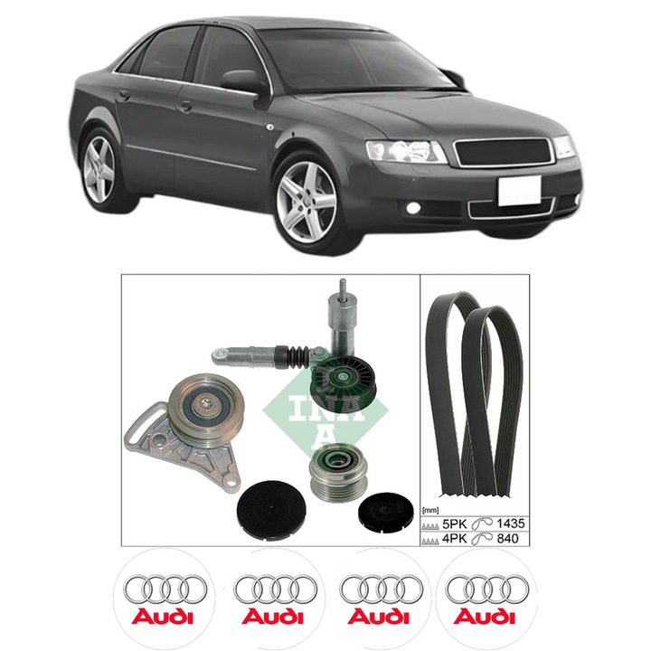 Set curea accesorii pentru transmisie AUDI A4 B6 (8E2) 1.9 TDI quattro din 2001-2004, Auto, INA, 4x Stickere auto cu AUDI