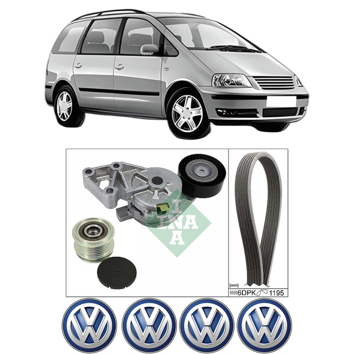 Set curea accesorii pentru transmisie Volkswagen SHARAN (7M8, 7M9, 7M6) 1.9 TDI din 2002-2010, Auto, INA, 4x Stickere auto cu Volkswagen