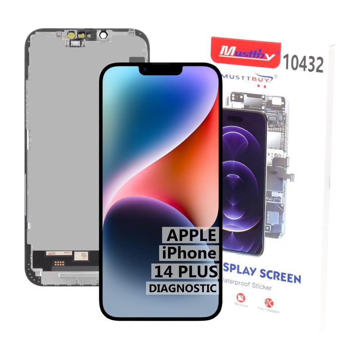 Дисплей Soft OLED за iPhone 14 Plus, Musttby, пълен комплект с тъч панел, диагностичен, черен