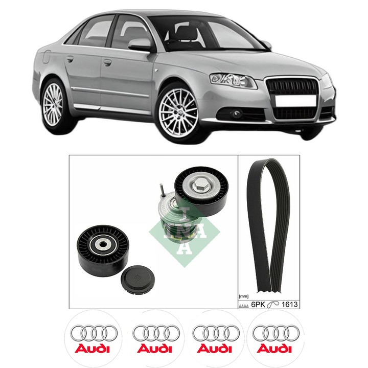 Set curea accesorii pentru transmisie AUDI A4 B7 (8EC) 2.0 TDI din 2006-2008, Auto, INA, 4x Stickere auto cu AUDI