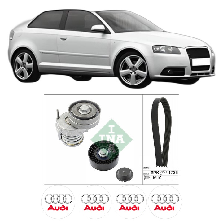 Set curea accesorii pentru transmisie AUDI A3 (8P1) 1.6 FSI din 2003-2007, Auto, INA, 4x Stickere auto cu AUDI