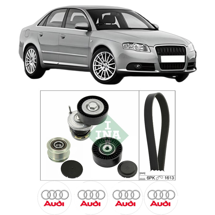 Set curea accesorii pentru transmisie AUDI A4 B7 (8EC) 2.0 TDI din 2005-2006, Auto, INA, 4x Stickere auto cu AUDI