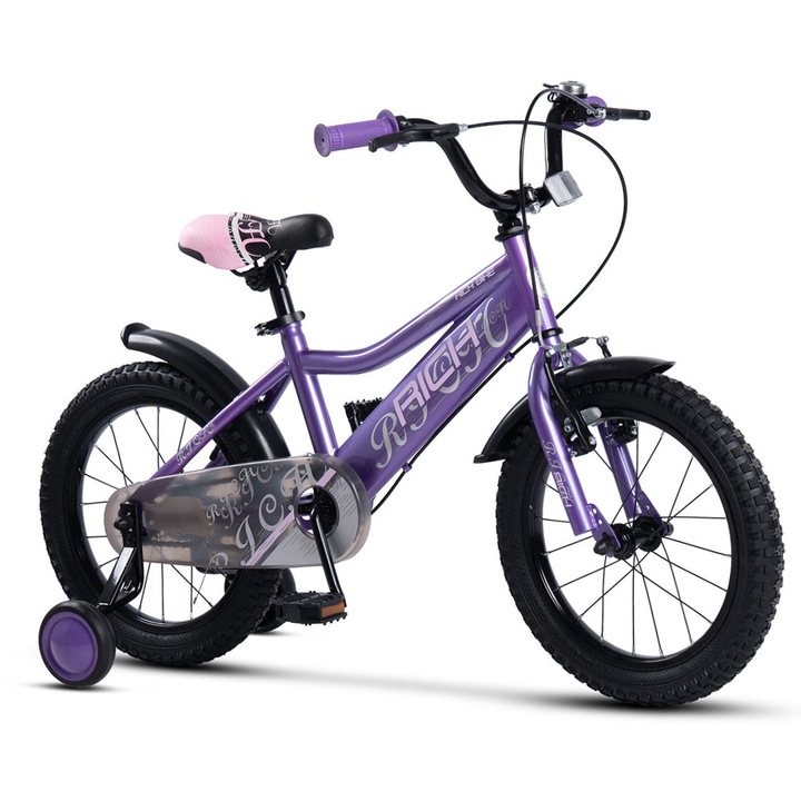 Bicicleta copii 4-6 ani Kids BMX Astro JSX1605, roti 16", frane V-Brake fata, tambur spate, cauciucuri late tip MTB, roti ajutatoare, mov cu roz