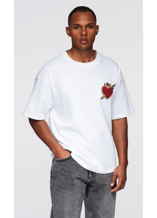 Памучна тениска с бижута на гърдите OMBRE OM-TSCT-0290, Бял