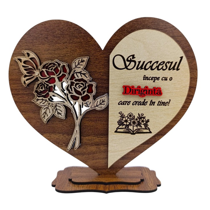 Cadou personalizat pentru Diriginta "Succesul incepe cu..." - inima cu mesaj personalizat – 15 cm, nuc