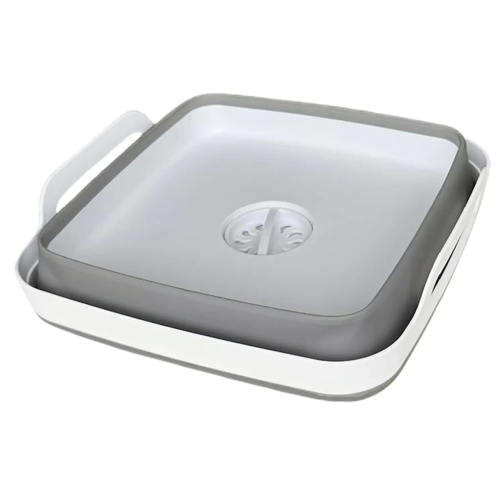 Lighean Pliabil Elindor® cu Dop de Scurgere, din Plastic Dur, Baza Antialunecare, 30.5×31.5×20 cm, Gri / Alb