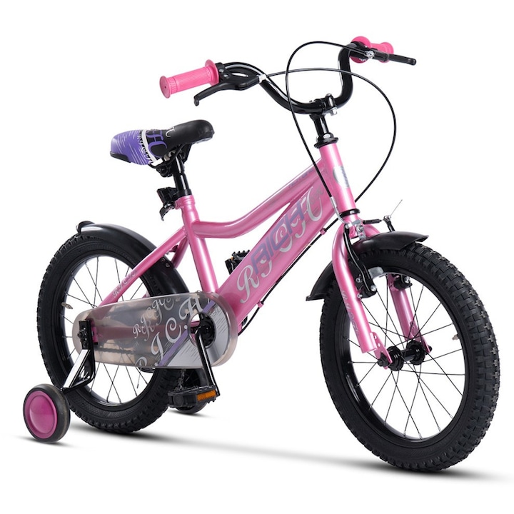 Gyermek kerékpár 4-6 éveseknek Kids BMX Astro JSX1605, 16" kerekek, V-fék elöl, dobfék hátul, széles MTB típusú gumik, segédkerekek, rózsaszín-lila