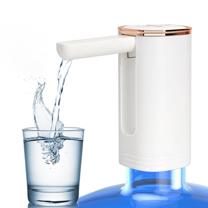 Pompa electrica apa pentru bidon, Rqiurpn, Incarcare USB, Baterie 1200 mAh, Compatibil cu bidoane 5L/10L/15L, Direct pe Bidon, Furtune si Cablu de Incarcare incluse, Design modern, Alb