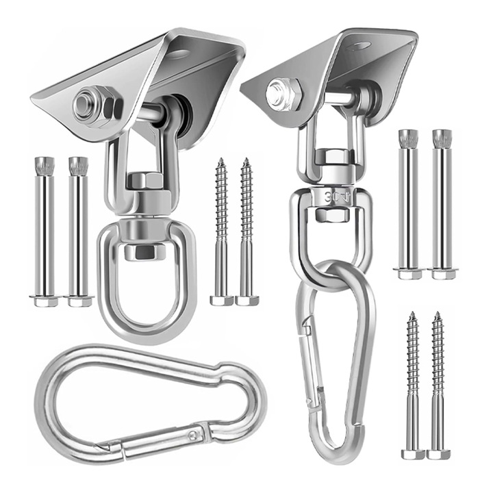 Set 2 Suport De Tavan, Rqiurpn, Pentru Lagan/Hamac, Rezistenta Pana La 500 kg, rotire la 360°, Destinat Pentru Beton, Pentru Lemn, Material Otel Inoxidabil, Argintiu