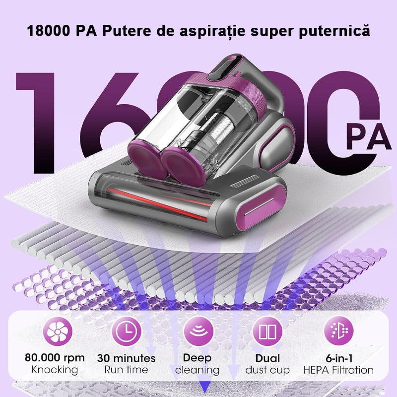 Aspirator UV antiacarieni, Rqiurpn, 700W, 8000Pa, sistem de filtrare HEPA, Perie Rulou, Vibratii Deprofundare, Lampa UV-C Pentru Sterilizare, Ideal Pentru Saltele, Aspirator Cu Actiune Profunda, Usor De Manuit, Aspirator Saltea Compact, Violet