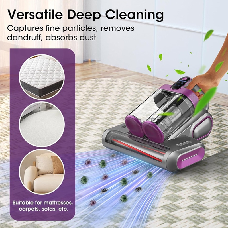 Aspirator UV antiacarieni, Rqiurpn, 700W, 8000Pa, sistem de filtrare HEPA, Perie Rulou, Vibratii Deprofundare, Lampa UV-C Pentru Sterilizare, Ideal Pentru Saltele, Aspirator Cu Actiune Profunda, Usor De Manuit, Aspirator Saltea Compact, Violet