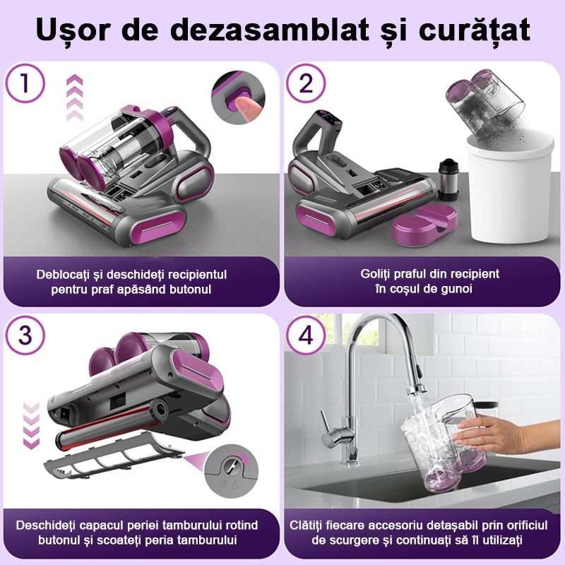 Aspirator UV antiacarieni, Rqiurpn, 700W, 8000Pa, sistem de filtrare HEPA, Perie Rulou, Vibratii Deprofundare, Lampa UV-C Pentru Sterilizare, Ideal Pentru Saltele, Aspirator Cu Actiune Profunda, Usor De Manuit, Aspirator Saltea Compact, Violet