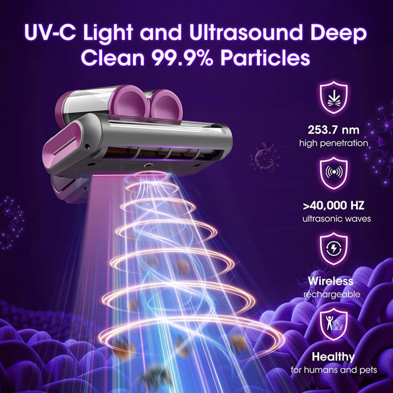 Aspirator UV antiacarieni, Rqiurpn, 700W, 8000Pa, sistem de filtrare HEPA, Perie Rulou, Vibratii Deprofundare, Lampa UV-C Pentru Sterilizare, Ideal Pentru Saltele, Aspirator Cu Actiune Profunda, Usor De Manuit, Aspirator Saltea Compact, Violet