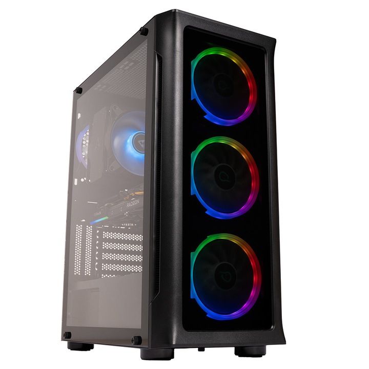 Sistem Desktop PC Gaming Spacer Conqueror cu procesor AMD Ryzen™ 5 9600X pana la 5.4GHz, 32GB DDR5, 2TB SSD, ASRock AMD Radeon™ RX 9060 XT Challenger 8GB GDDR6 OC, No OS, Negru