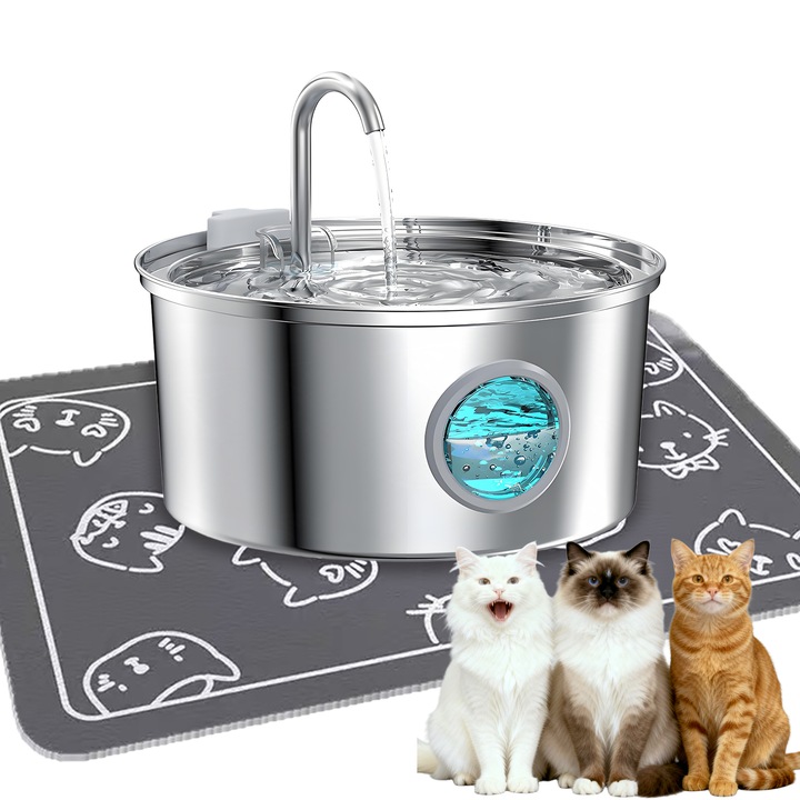 Автоматичен диспенсър за вода тип фонтан за котки и кучета, с прозорец за нивото на водата, Omelivon, кръгъл модел, с пречистване и филтрация с активен въглен, безшумен, неръждаема стомана 304, USB, адаптер за контакт, 3.2L, сребрист