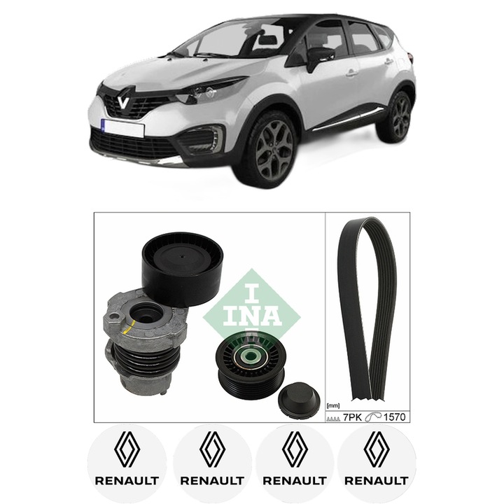 Set curea accesorii pentru transmisie RENAULT CAPTUR I (J5_, H5_) 0.9 TCe 90 din 2013, Auto, INA, 4x Stickere auto cu RENAULT