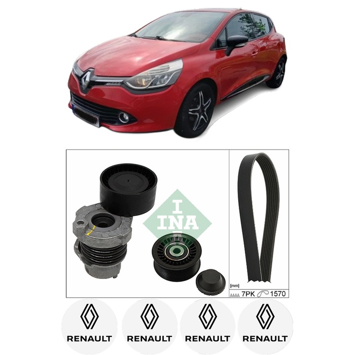 Set curea accesorii pentru transmisie RENAULT CLIO IV (BH_) 0.9 TCe 90 (BHNF, BHMA, BHMH, BHJK, BHJR) din 2012-2021, Auto, INA, 4x Stickere auto cu RENAULT