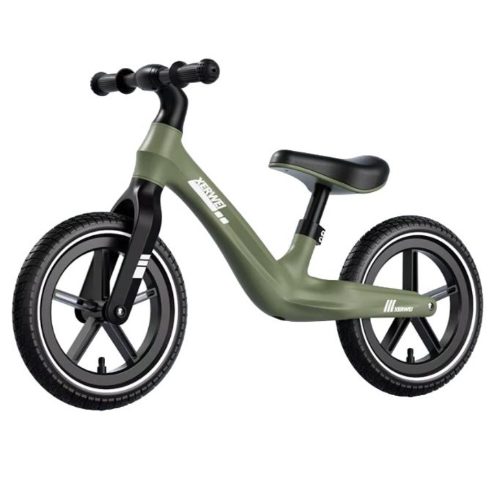 Bicicleta de echilibru fara pedale Ælements®, din fibra de carbon, ghidon rotativ 360, Manere silicon anti-alunecare, Scaun reglabil pe inaltime, Roti din cauciuc de 12 inch, 2-5 ani, Verde