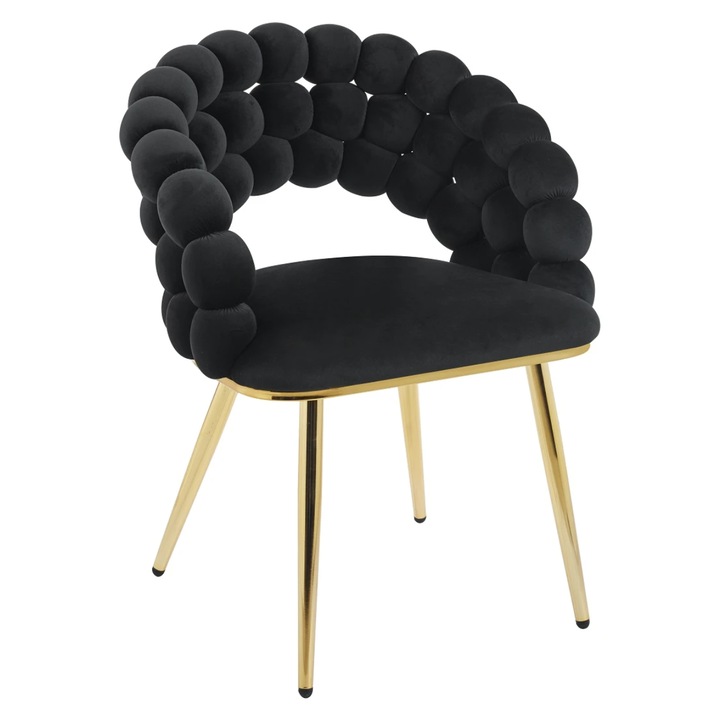 Set 2 Scaune Dining/Bucatarie Premium, Scaun Modern, Cadru Metalic Solid Cu Finisaj Auriu, Tapiterie Moale Din Catifea, Scaun Cu Spatar Ergonomic Pentru Confort Sporit, Sezut Captusit Si Stabil, Design Elegant Pentru Living Sau Bucatarie, Negru