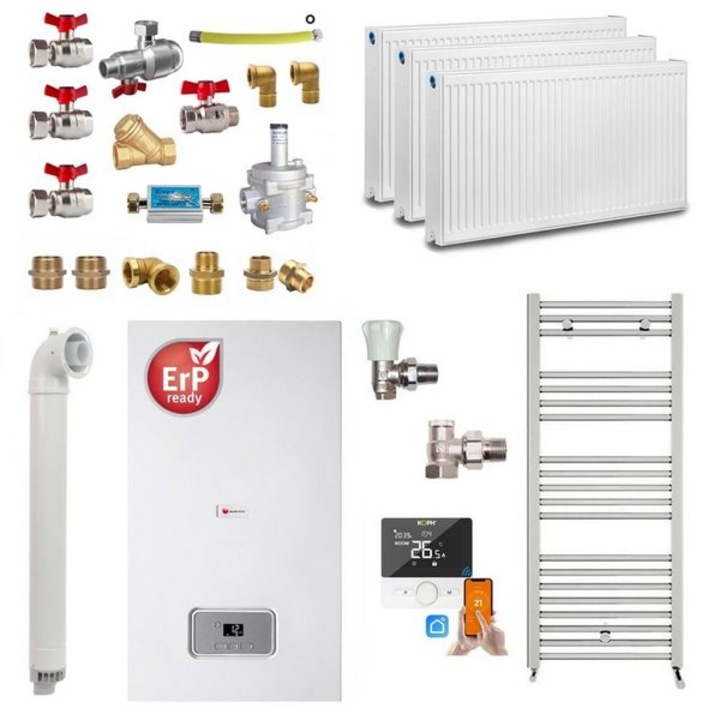 Centrala termică pe gaz în condensare, Saunier Duval Semia 25-A, 19,1 kW, pentru apartament cu 2 camere, termostat inteligent, calorifere