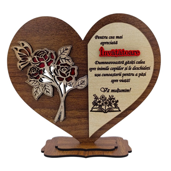 Cadou personalizat pentru Invatatoare "Cea mai apreciata..." - inima cu mesaj personalizat – 15 cm, nuc