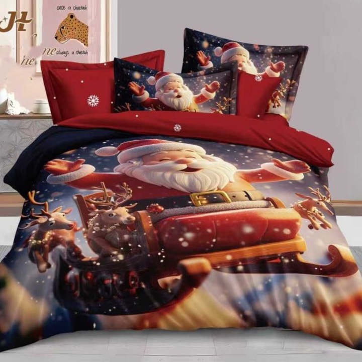 Set lenjerie de pat dublu, 6 piese, bumbac satinat, 220 x 230 cm, Casa de Vis Online, Q2-42, sarbatori iarna