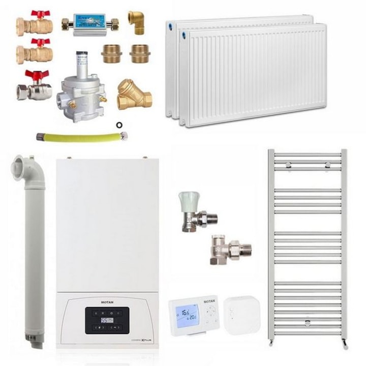 Pachet centrala termica pe gaz in condensare apartament cu 1 camera, Motan Condens KPlus C38GC20V1, 20 kW, Calorifere, Termostat Wireless, Set robineti tur/retur, Kit evacuare inclus si Kit complet armaturi montaj