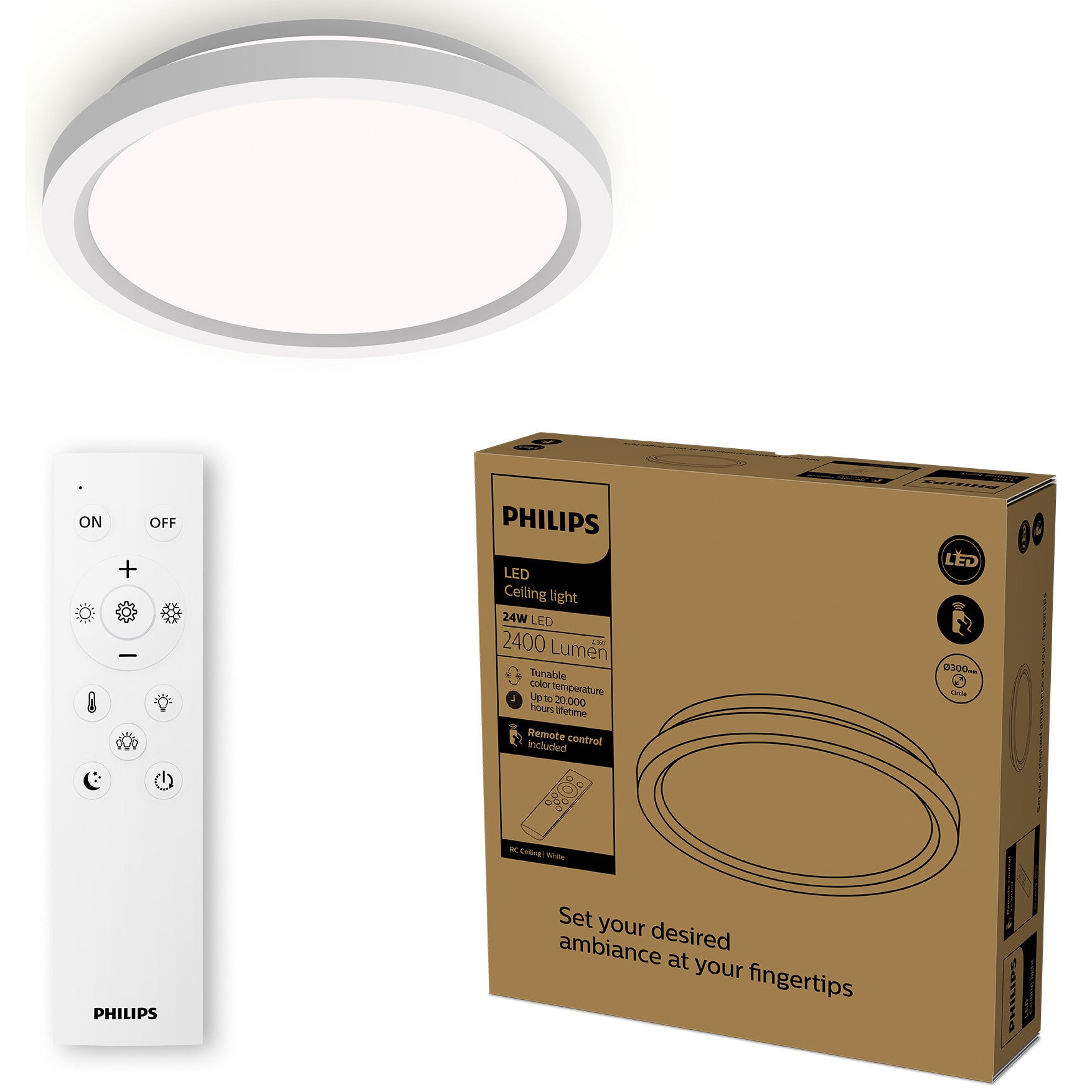 Plafoniera cu telecomanda Philips, 24 W, IP20, lumina reglabila 2700-4000k, diametru 30cm, alb
