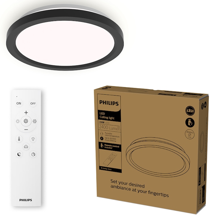 Plafoniera cu telecomanda Philips, 24 W, IP20, lumina reglabila 2700-4000k, diametru 30cm, negru