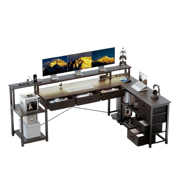 Birou pentru computer ORBER, cu LED, 7 sertare, Negru, 200x146x78 cm