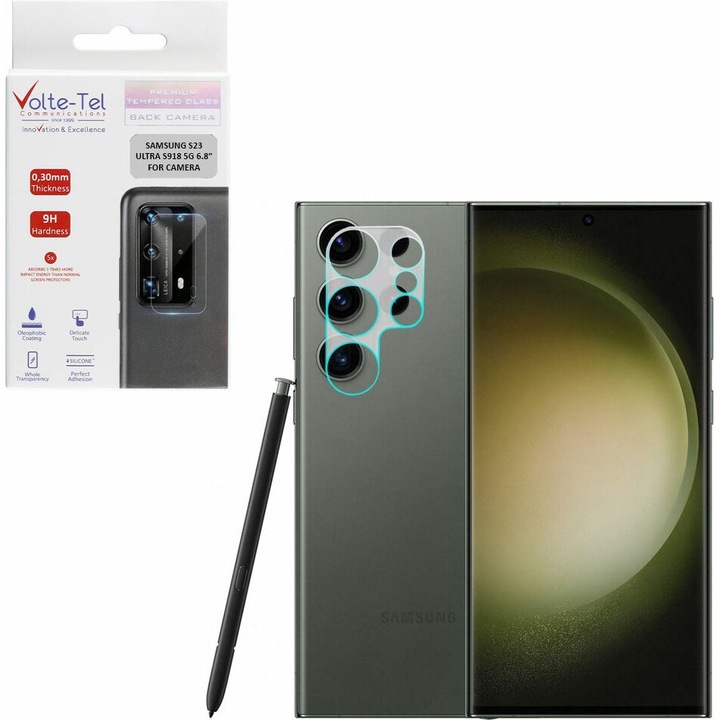 Folie protectie camera, Volte-Tel, Tempered Glass 9H 0.30mm, transparent, pentru Samsung S23 Ultra 5G 6.8", set complet