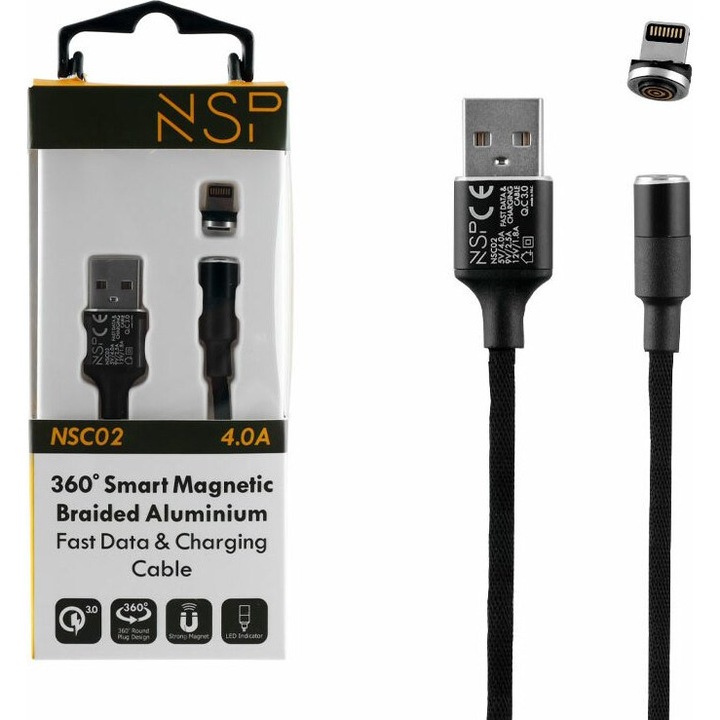 Cablu de date magnetic NSP Lightning, 1.2m, 4.0A, Quick Charge, negru