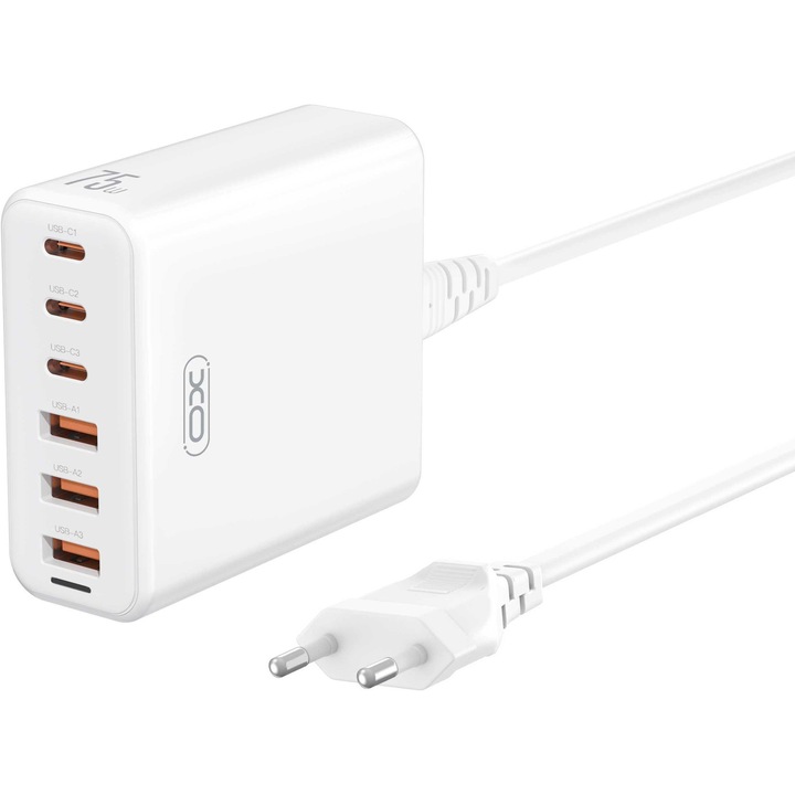 Incarcator telefon XO 75W cu 3 porturi USB si 3 porturi USB-C, cablu 1.5m, dimensiuni 69x77.2x30mm