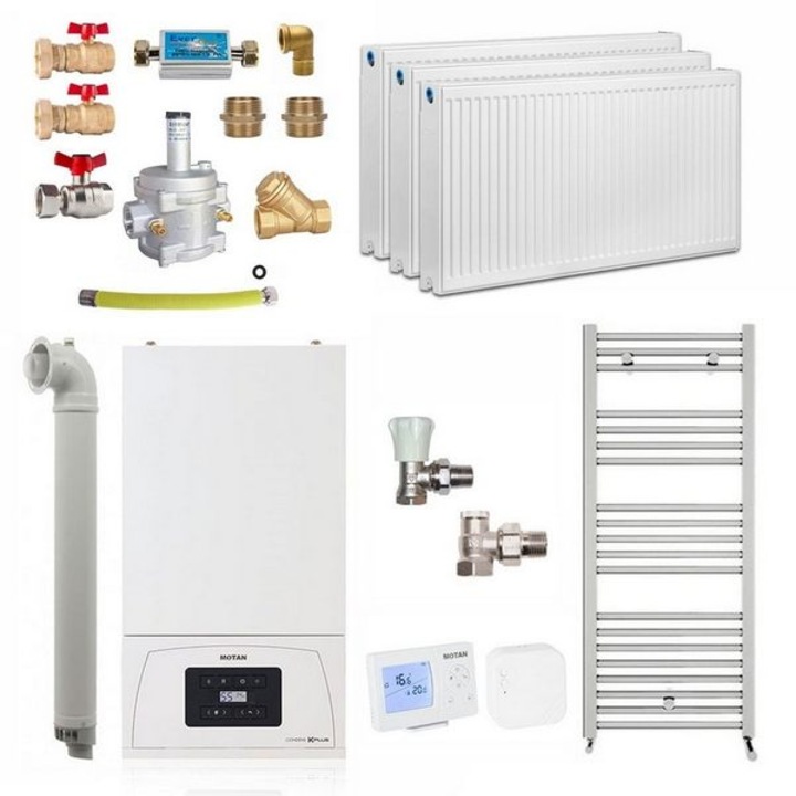 Set centrala termica pe gaz apartament 2 camere, Motan Condens KPlus C38GC20V1, 20 kW, calorifere, termostat wireless, kit evacuare, kit armaturi montaj