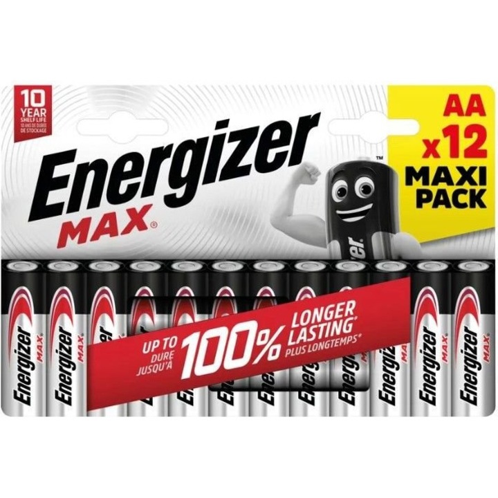 Baterii Energizer Max AA, set 12 buc, durata lunga, 10 ani viata, fara scurgeri