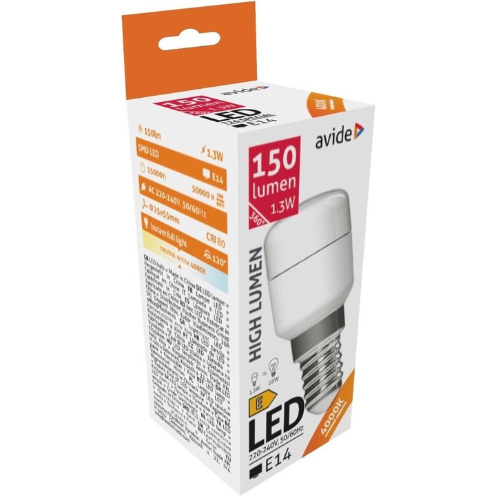 Aplica LED Avide T26 1.3W, 4000K, E14, 25x55mm