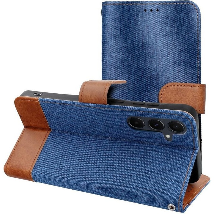 Husa telefon jeans book albastru 3 carduri 15x7cm