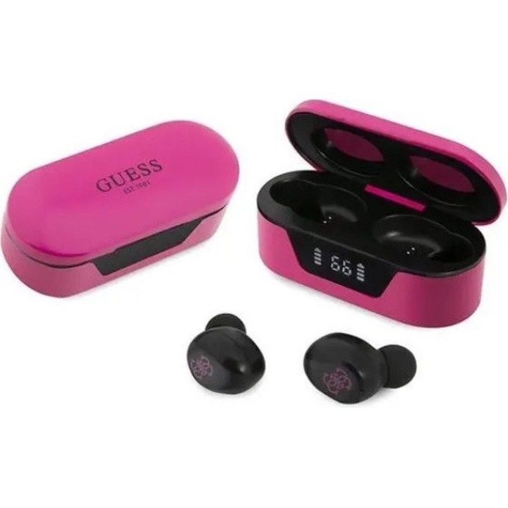 Casti wireless Guess TWS, magenta, cu statie de incarcare 400mAh, Bluetooth 5.0, impermeabile IPX4