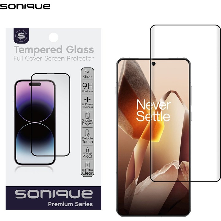Folie protectie telefon Sonique Curvy Glass Full Cover 9H, HD, 0.33mm, negru, set cu accesorii de curatare
