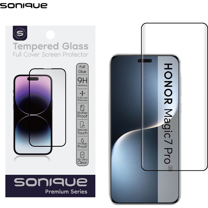 Folie protectie telefon Sonique Curvy Glass Full Cover 9H, HD, 0.33mm, negru, set cu accesorii de curatare