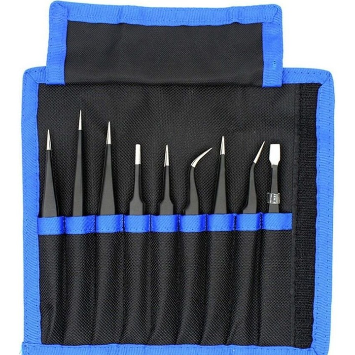 Set pensete 9 piese, UF-TOOLS, din otel inoxidabil, antistatic, 200g