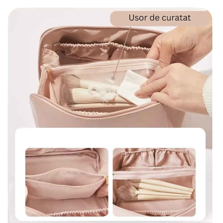 Geanta pentru cosmetice de calatorie Macvi®, din piele rezistenta la apa, cu maner si compartiment spatios, 24x11.5x11.5 cm, ideala pentru femei, roz