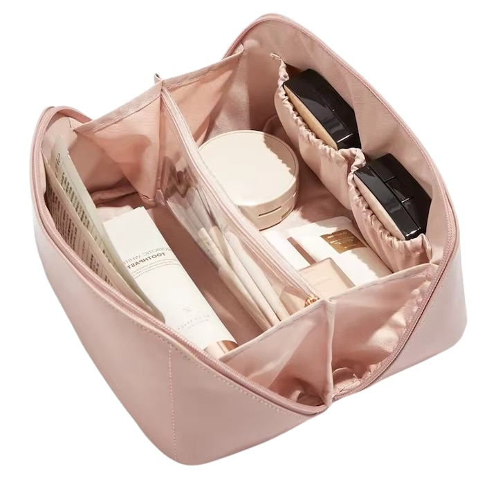 Geanta pentru cosmetice de calatorie Macvi®, din piele rezistenta la apa, cu maner si compartiment spatios, 24x11.5x11.5 cm, ideala pentru femei, roz