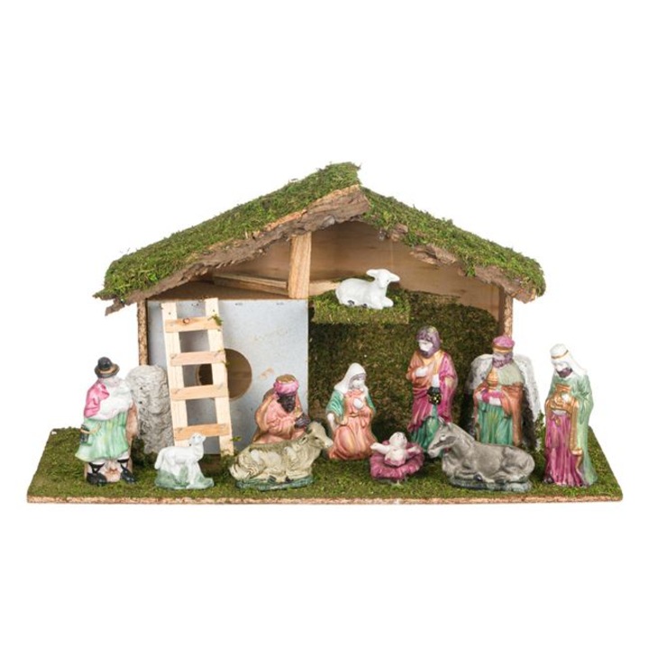 Iesle de Craciun Shopiens® din lem si portelan cu 11 figurine si 5 LED-uri, 47 x 17 x 25 cm