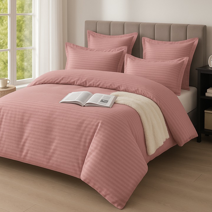 Lenjerie de pat Casa Pucioasa 6 piese, bumbac damasc finet, uni elegant, 200x230cm, 230x250cm, 55x80cm, 75x75cm