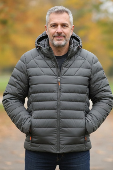 Nagyméretű férfi steppelt dzseki, levehető kapucnival, cipzáras zsebekkel, khaki 008 11825, Khaki