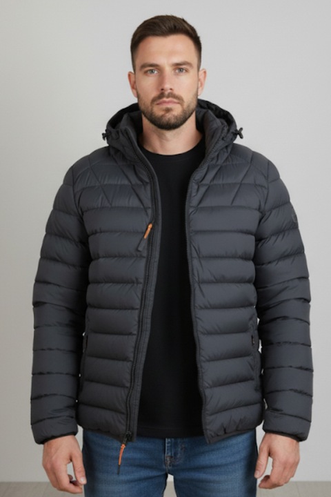 Férfi Steppelt Kabát levehető kapucnival, fekete cipzáros zsebekkel 005 11855, Fekete