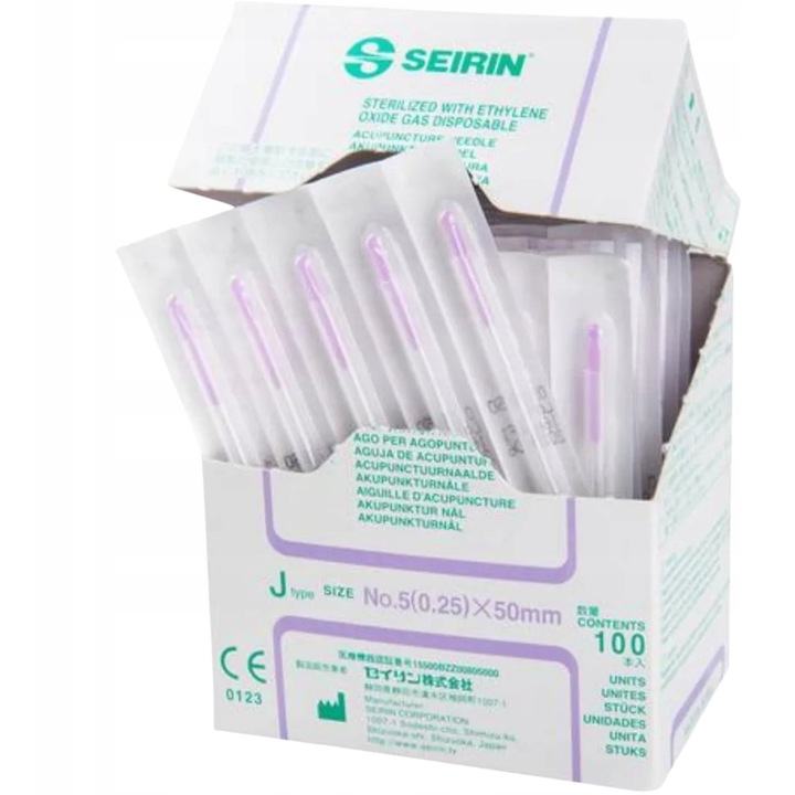 Ace machiaj permanent Seirin, 0,25x50 mm, tip J, cu maner si ghidaj plastic, 100 bucati, ace sterile de unica folosinta, precizie profesionala, utilizare cosmetica si medicala