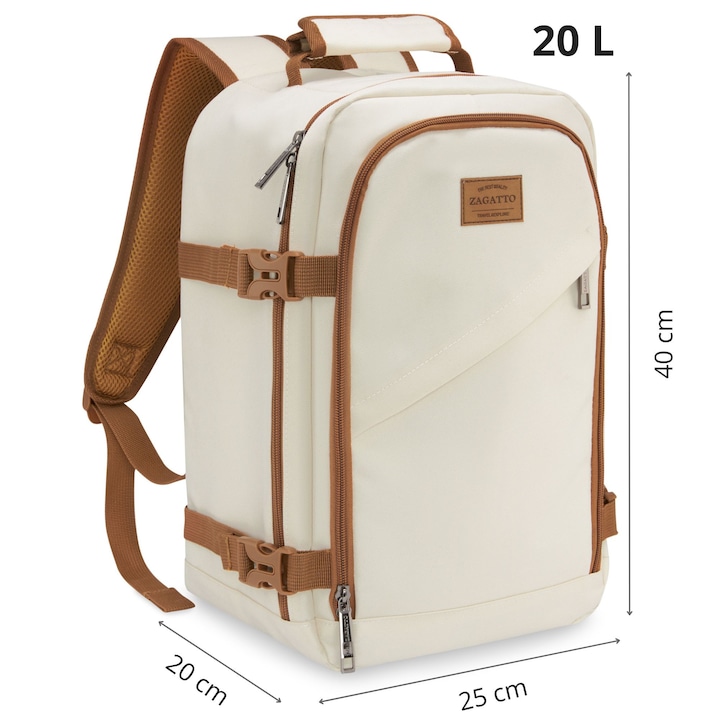 Раница за ръчен багаж Zagatto ZG1001, 40x20x25 см, раница за самолет, Съвместима с Wizz Air, Ryanair, Закачаща се за куфар, Водоустойчива, Обем 20л, Компресионни презрамки, Бежов