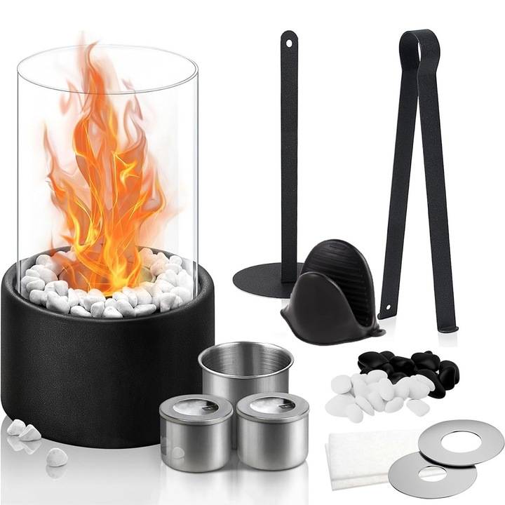 Декоративна камина на биоетанол, мини, преносима, за вътрешна/външна употреба, без дим, с декоративни камъни в 2 цвята и пожарогасител, 4 часа горене